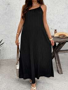 SHEIN Maternity Solid Color Spaghetti Strap Loose Casual Long Dress, Summer - Black - View 3