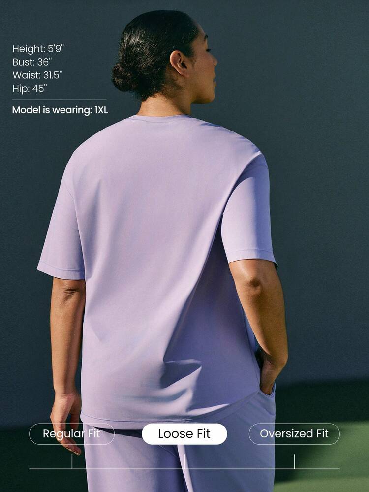 T-shirt col rond ample, grande taille, rafraîchissant, à séchage rapide, coupe ample, longueur hanches. Idéal pour la gym, les entraînements, le studio et le port casual quotidien