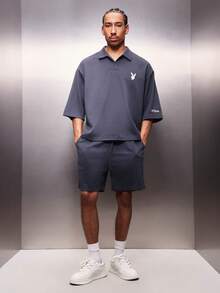 PLAYBOY X SUMWON Essentials Ribbed Polo And Shorts Co-Ord Set With Collar And Side Pockets Matching Two Piece Outfit - Blue - View 8