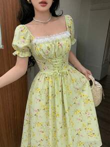 Glamine Charm 系带腰身泡泡袖拼接蕾丝印花连衣裙长款女装 - 綠色 - 查看 5