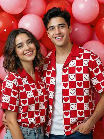 SWAVVY Men's Casual Everyday Commute Romantic Valentine's Day Heart Checkerboard Print Loose Fit Shirt, Summer