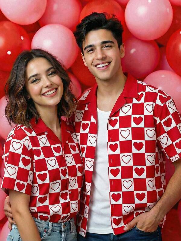 SWAVVY Men's Casual Everyday Commute Romantic Valentine's Day Heart Checkerboard Print Loose Fit Shirt, Summer
