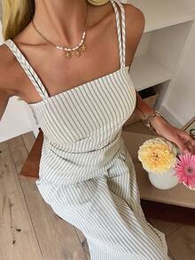 DAZY Striped Ruched Waist Cami Top & Wide Leg Pants Set - Beige - View 5