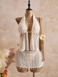 Bellisia 时尚女士泳装套装，性感比基尼搭配高腰系带泳裤，配纱笼裙，适合海滩、度假，饰有海星和贝壳图案，网红风夏季女装，度假套装，沙滩派对装，泳衣，罩衫，新娘送礼会礼服 - 杏色 - 查看 3