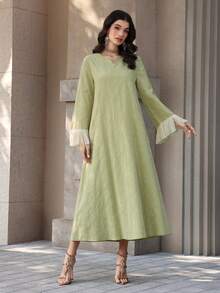 Al Najma New  Cotton Jacquard Patchwork Tassel Trim Arabic Turkish Style Long Robe - Green - View 4