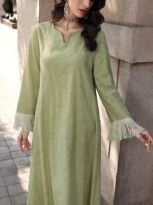 Al Najma New  Cotton Jacquard Patchwork Tassel Trim Arabic Turkish Style Long Robe - Green - View 5