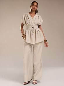 Normani 新款优雅休闲通勤杏色竹纤维针织V领开衫，配腰带和高腰直筒阔腿裤套装 - 杏色 - 查看 1