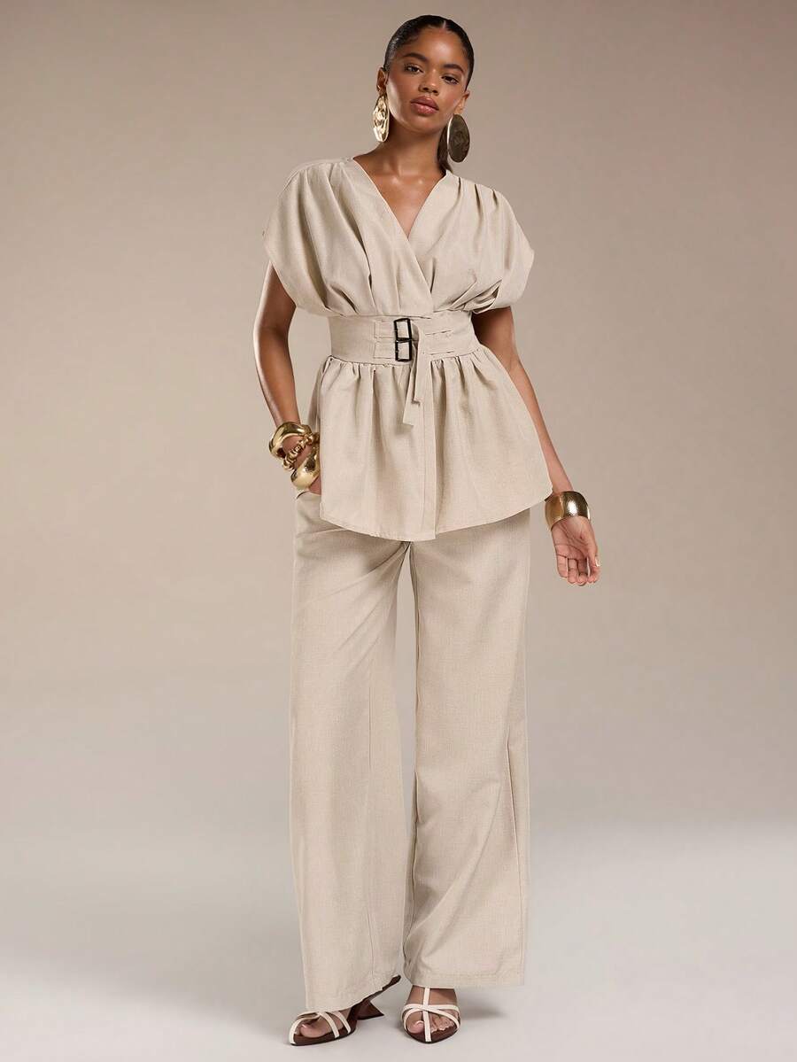 Normani 新款优雅休闲通勤杏色竹纤维针织V领开衫，配腰带和高腰直筒阔腿裤套装 - 杏色 - 查看 1