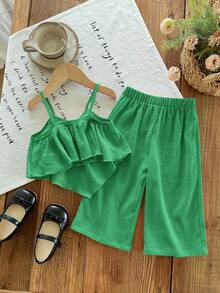 SHEIN LMoss Kids 2件套女婴纯色无袖背心和宽松休闲裤套装 - 綠色 - 查看 2