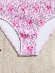 SHEIN 少女比基尼套装，可爱粉色条纹蝴蝶结针织面料吊带上衣和泳裤两件式泳装，时尚休闲优雅，适合游泳、夏季度假、海滩、泳池、节日派对 - 粉色 - 查看 6