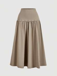 SHEIN MOD 70年代复古女式棕色垂褶领铆钉背心和长裙两件套——复古嬉皮、假日装、波西米亚风、Y2K风、西部风和游牧风 - 卡其色 - 查看 7