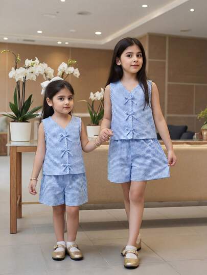 Elladie kids 2件套女童无袖条纹编织背心，带蝴蝶结装饰，搭配松紧腰宽松休闲短裤，夏季