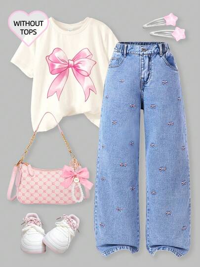 SHEIN ChillGRL Teen Girls Wide Leg Jeans, New Design Embroidered Bowknot Straight Leg Pants Pants Baggy Jeans Baggy Jeans Woman Baggy Girl Jeans Pants Jean Baggy Jeans For Girls Summer Holiday