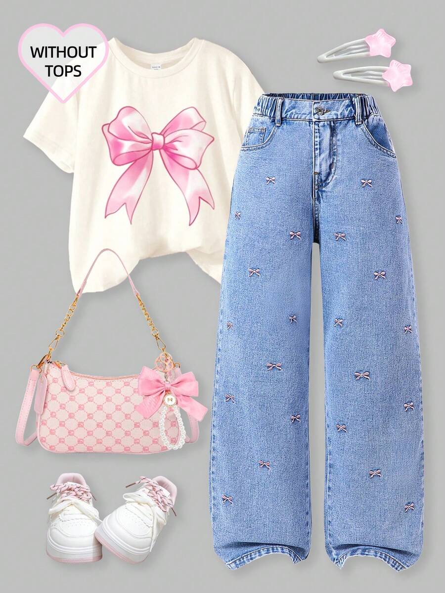 SHEIN ChillGRL 少女阔腿牛仔裤，新款刺绣蝴蝶结直筒裤，宽松牛仔裤，女士宽松牛仔裤，少女宽松牛仔裤，夏季假日牛仔裤 - 淺色水洗藍 - 查看 1