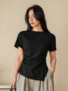 Dazy-Less Women's Loose Casual Chic Polo Collar "Old Money" T-Shirt, Suitable For Spring/Summer, Valentine's Day, Office Wear - Black - View 4