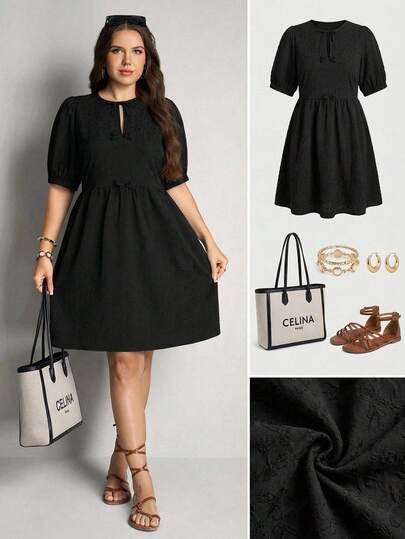 Comfylo Abito casual da donna taglie forti, semplice e adatto per uso quotidiano, con colletto aperto, maniche a palloncino e vita segnata