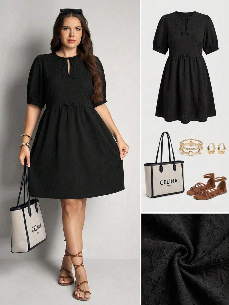 Comfylo Đầm nữ cỡ lớn kiểu dáng đơn giản, màu trơn, cổ mở, tay phồng, eo thắt, thích hợp mặc hàng ngày đi làm. - màu đen - Xem 1