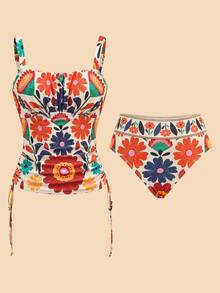 Travachic 女士夏季沙滩打结印花褶皱吊带背心式泳衣上衣和三角泳裤套装 - 彩色 - 查看 1