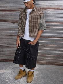 AXEPEAK 男士格子印花拼接前开襟休闲短袖衬衫 - 彩色 - 查看 5