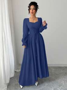 Modelyn Gaun Pesta Panjang Elegan Wanita Warna Polos dengan Ikat Pinggang dan Detail Kerut - Royal Blue - View 5