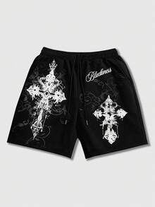 ROMWE MEN Men's Casual Fashion Street Cross & Letter Print Drawstring Waist Shorts, Summer - Black - View 1