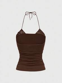 ROMWE Fairycore Women's Basic 2 In 1 Lace Trim Halter Neck Pleated Camisole - Brown - View 2