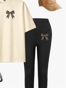 SHEIN 女士休闲时尚创意豹纹蝴蝶结装饰图案印花宽松圆领基础短袖T恤和打底裤套装，四季皆宜，百搭舒适 - 彩色 - 查看 4