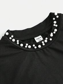 SHEIN Teen Girl Casual Studded Round Neck Short Sleeve Top - Black - View 3