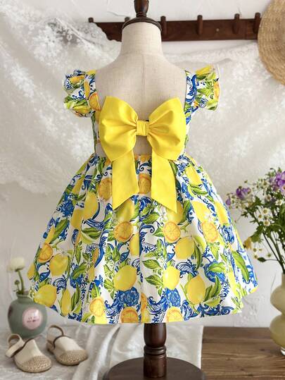 LMoss Kids Young Girl Chiffon Ditsy Floral Square Collar Ruffle Hem Casual Dress