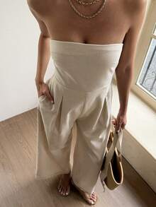 DAZY 女士宽松腰部褶皱连体裤 - 杏色 - 查看 1