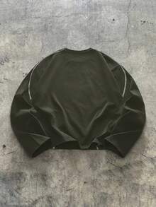 AXEPEAK 男士撞色滚边印花休闲圆领长袖T恤 - 軍綠色 - 查看 2