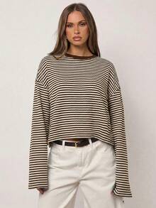 SHEIN BAE 女士休闲宽松条纹落肩T恤，春秋季 - 棕色 - 查看 3