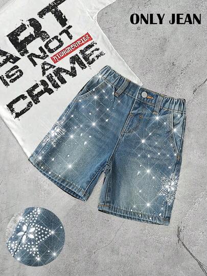 Young Boy New Fashion Y2k Distressed Urban Street Style Rhinestone Embellished Vintage Washed Blue Denim Loose Jeans Shorts Spring Summer,For Kids Young Boy Spring/Summer Dailywears,Young Boy Streetwears,Young Boy Beach,Vacations For Young Boy,Casual For Young Boy,Graphic Jeans For Young Boy,Toddler Jeans Shorts,4-Year-Old Young Boy Short,Summer Shorts,Casual Shorts