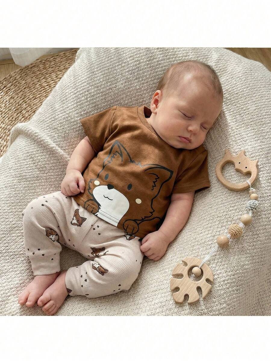 Loomiva Newborn Baby Girl Cartoon Animal Print Knit Soft Crew Neck Short Sleeve Top And Elastic Waist Pants 2-Piece Set Baby Boy Clothes Brown Newborn Boy Clothes Baby Safari Outfit Mocha Baby Clothes Neutral Baby Clothes Unisex,Kids - Multicolor - View 1