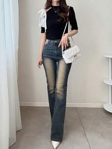 FRIFUL 女士圆领露肩撞色波点蝴蝶结面料修身短袖甜美T恤 - 黑色 - 查看 7