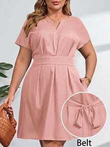 SHEIN Clasi 大码纯色V领系带优雅夏季连衣裙 - 粉色 - 查看 1