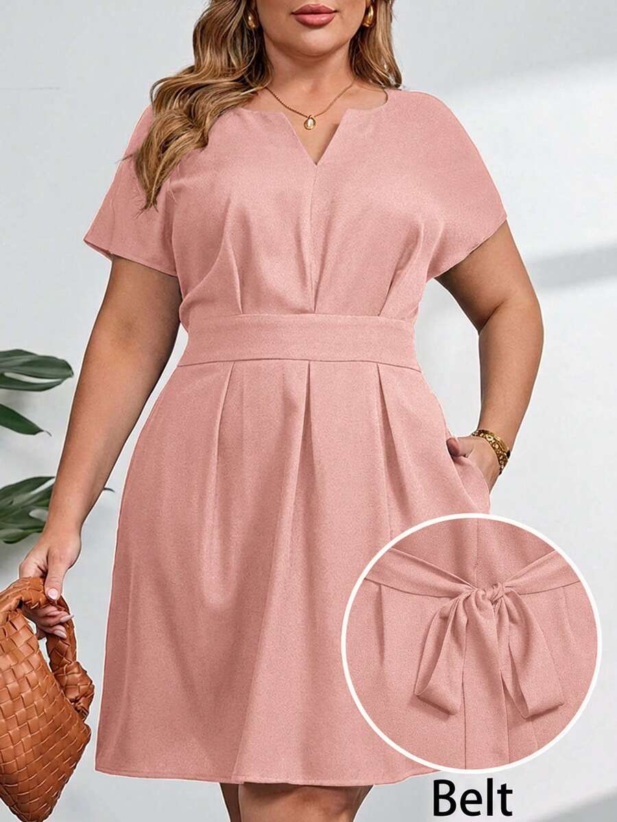 SHEIN Clasi 大码纯色V领系带优雅夏季连衣裙 - 粉色 - 查看 1