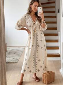 Easowa 女士几何印花V领系带灯笼袖休闲连衣裙，适合度假穿着；女士波西米亚刺绣V领长裙，泡泡袖流苏装饰，休闲服饰 - 杏色 - 查看 1