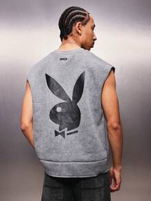 PLAYBOY X SUMWON Camiseta sin mangas de cuello redondo, sudadera regular con estampado gráfico de conejo en la espalda, ajuste casual para uso diario - Gris - Ver 1