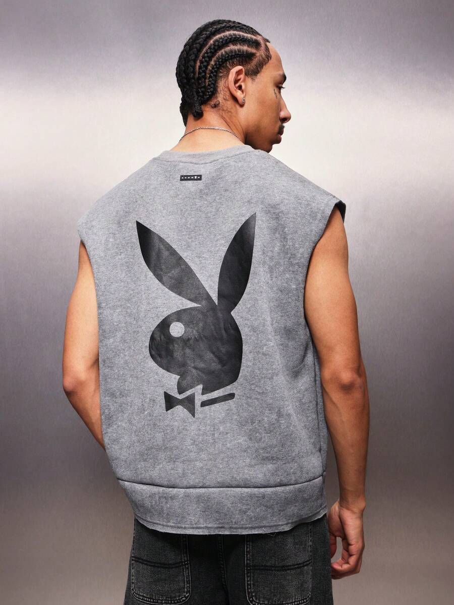 PLAYBOY X SUMWON Camiseta sin mangas de cuello redondo, sudadera regular con estampado gráfico de conejo en la espalda, ajuste casual para uso diario - Gris - Ver 1