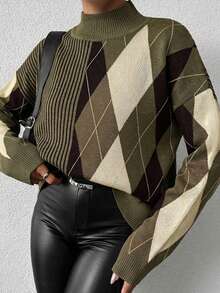 Women's Oversized Contrast Color Diamond Pattern High Neck Loose Knit Pullover Sweater - Khaki - View 3