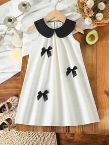 Elladie kids 少女优雅公主风可爱领子编织A字杏色连衣裙，黑色蝴蝶结装饰；少女奶油色和黑色连衣裙；少女无袖A字休闲连衣裙 - 杏色 - 查看 5