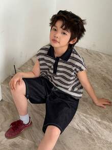 DAZY Áo thun tay ngắn cổ polo kẻ sọc dành cho bé trai tuổi teen - Màu xanh hải quân - Xem 3