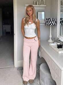 CovetEZ 女士纯色翻折腰阔腿宽松休闲针织裤 - 粉色 - 查看 4