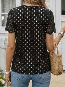 EMERY ROSE Polka Dot Digital Print Lace Sleeve Crafted Minimalist Round Neck Short Sleeve T-Shirt, A Gift For Friends - Black - View 2