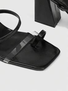 CUCCOO SZL Women's Black PU Toe-Ring Buckle Strap Fashionable Square Toe Chunky Heel Sandals - Black - View 5