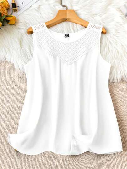 SHEIN CURVE+ Elegant Round Neck Sleeveless Lace Patchwork White Summer Plus Size Women Tank Top