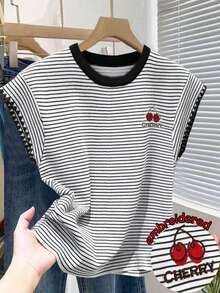 Resyla Women's Striped Round Neck Cherry Embroidery Graphic Casual Everyday Short Sleeve T-Shirt - Multicolor - View 1