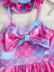 SHEIN Young Girls Mermaid Print Bow Cute Swimsuit, Sports, Beach, Vacation Swimming, Casual, Comes With Swim Cap - Multicolor - View 7