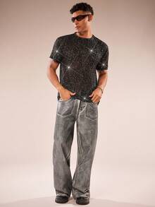 FeverCity 男士圆领短袖亮面时尚T恤，夏季 - 黑色 - 查看 3